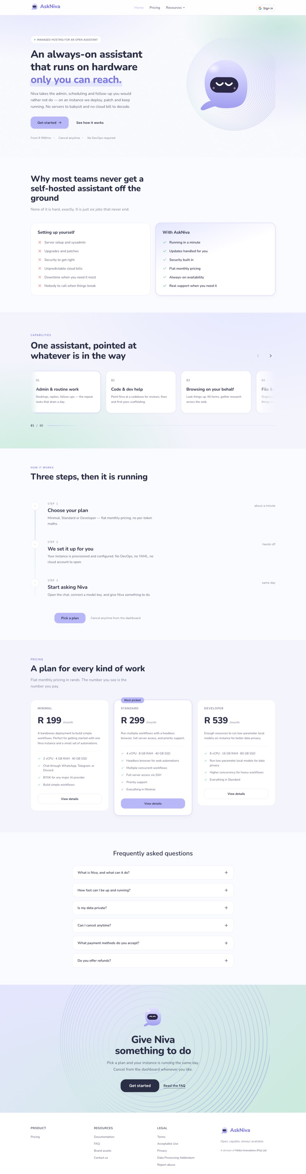 The AskNiva home page: a light product site introducing an always-on assistant that runs on a managed private instance.