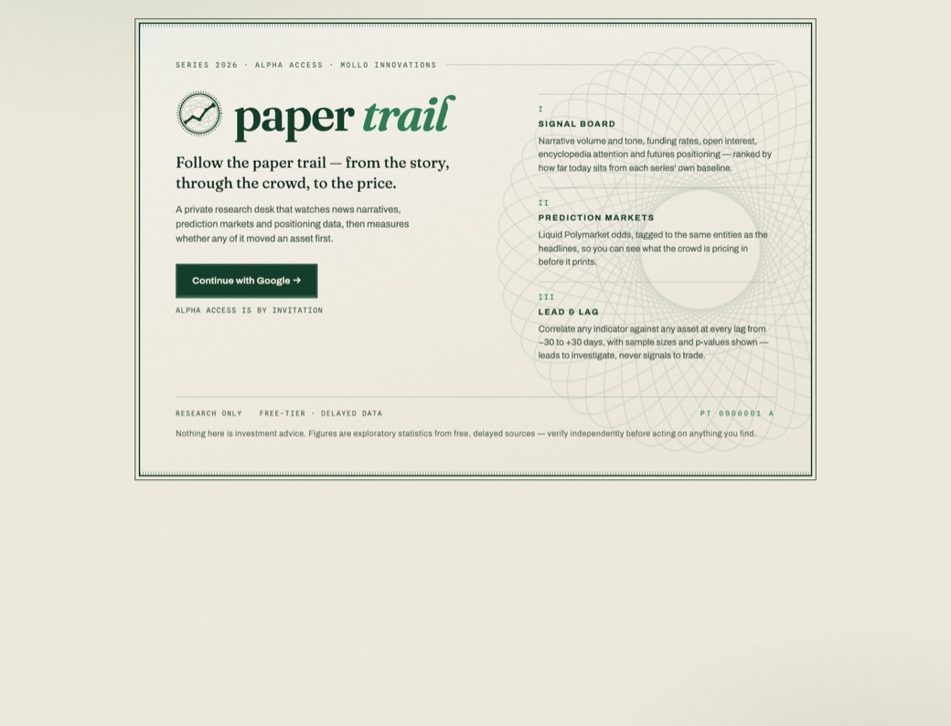 The Paper Trail landing page: a private research desk tracking news narratives, prediction markets and positioning data.